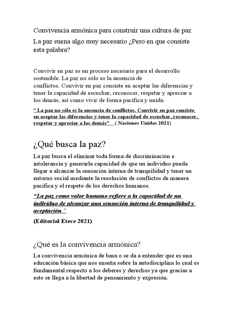 Convivencia Armónica para Construir Una Cultura de Paz | PDF | Paz ...