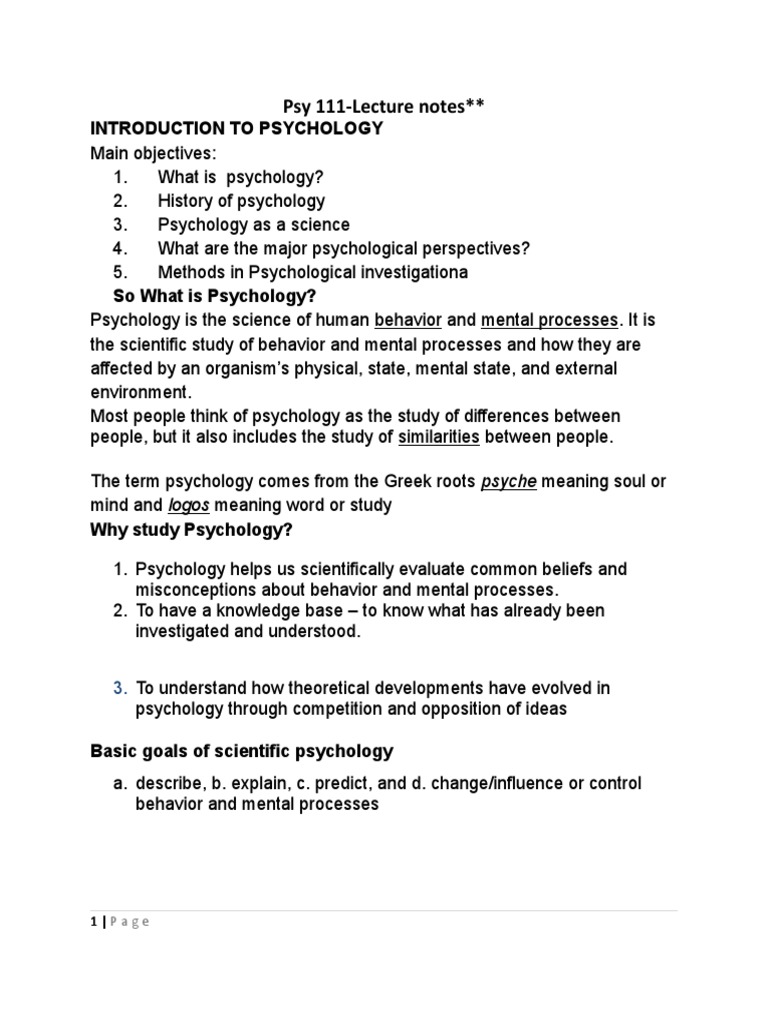 Introduction to psychology lecture notes pdf psychology science