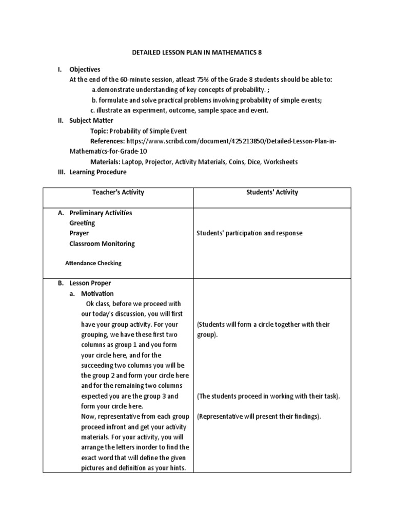 Grade 8 Probability Lesson Plan | PDF | Probability | Lesson Plan