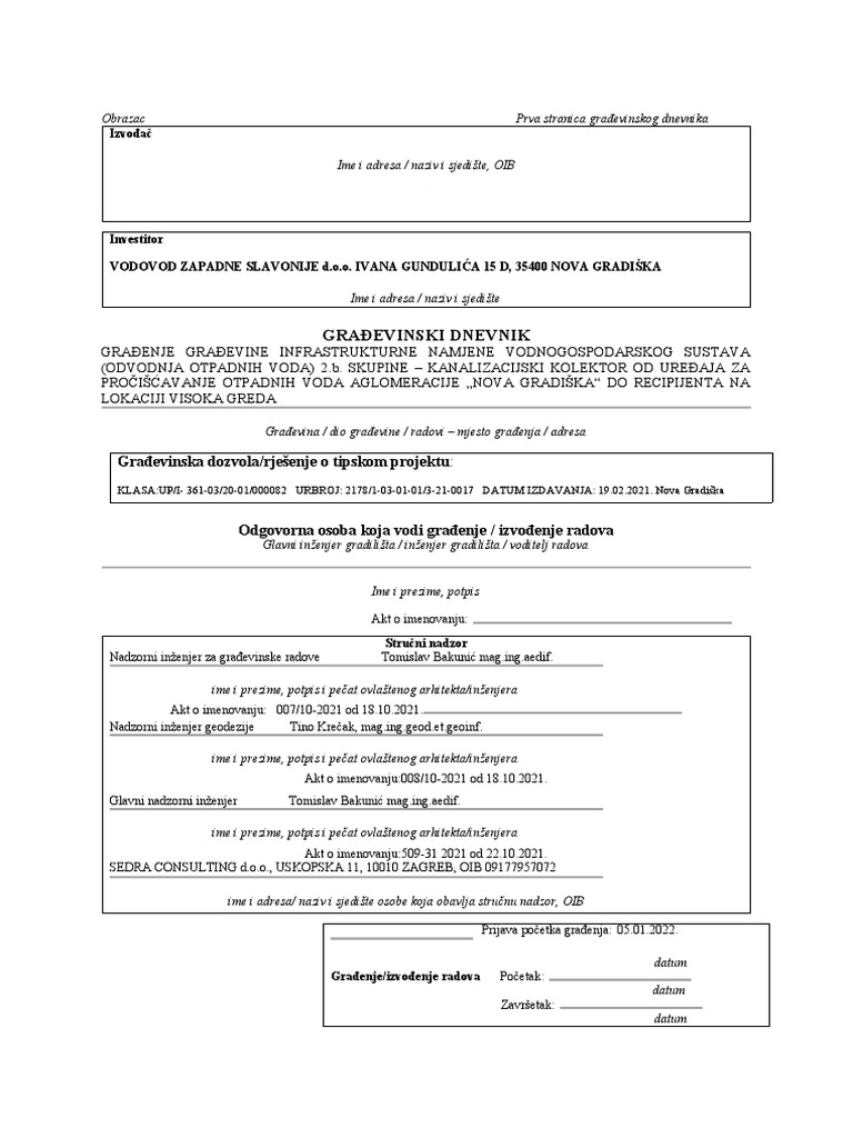 Građevinski Dnevnik - Obrazac | PDF