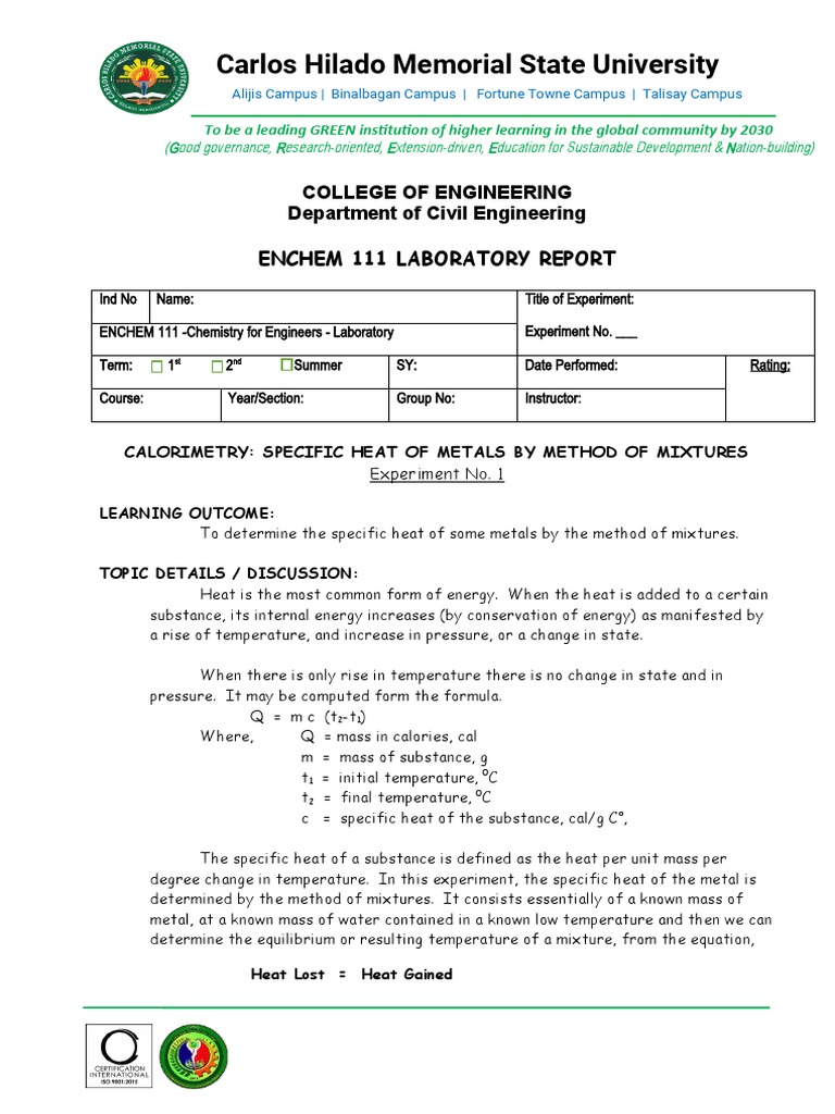 Expt1 SpecificHeatofMetals (Calorimetry) Download Free PDF