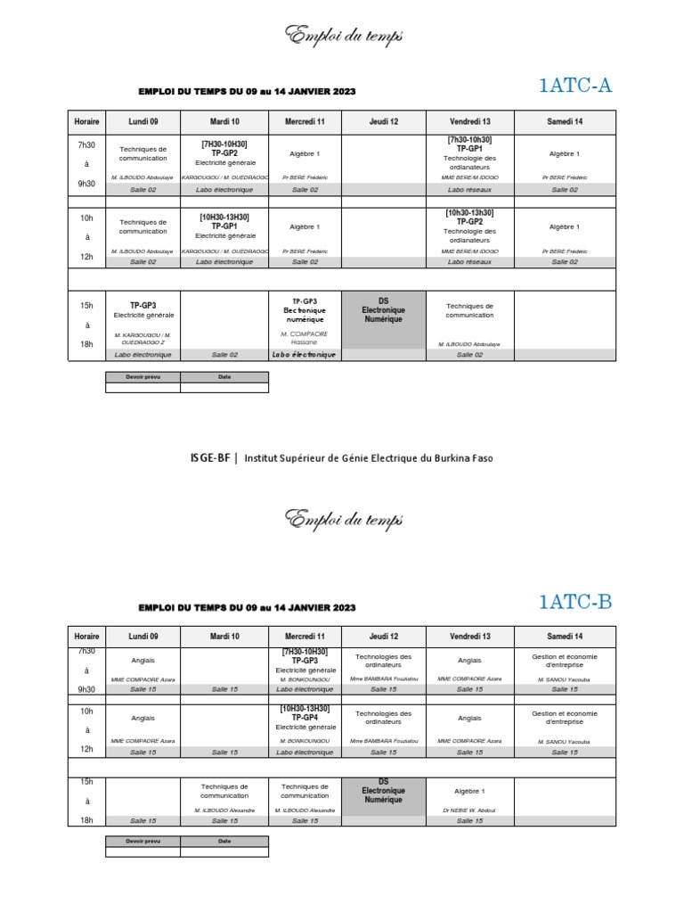 18 - Isge - Emploi Du Temps de La Semaine Du 09 Au 14 Janvier 2023 ...