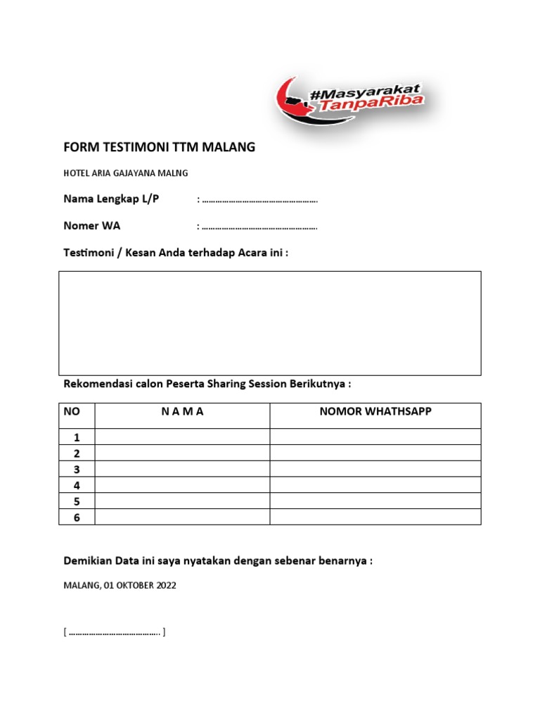 Form Testimoni Acara TTM Malang | PDF