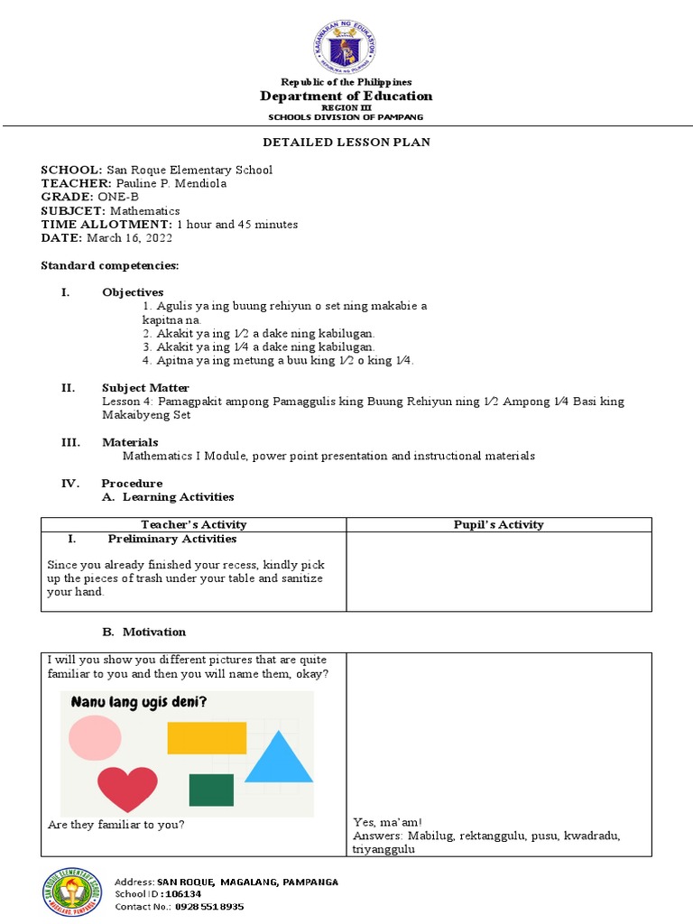 Grade 1 Math Lesson Plan: Fractions | PDF | Pedagogy | Education Theory
