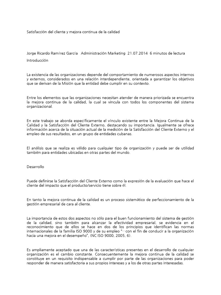 Satisfacción Del Cliente y Mejora Continua de La Calidad | PDF ...