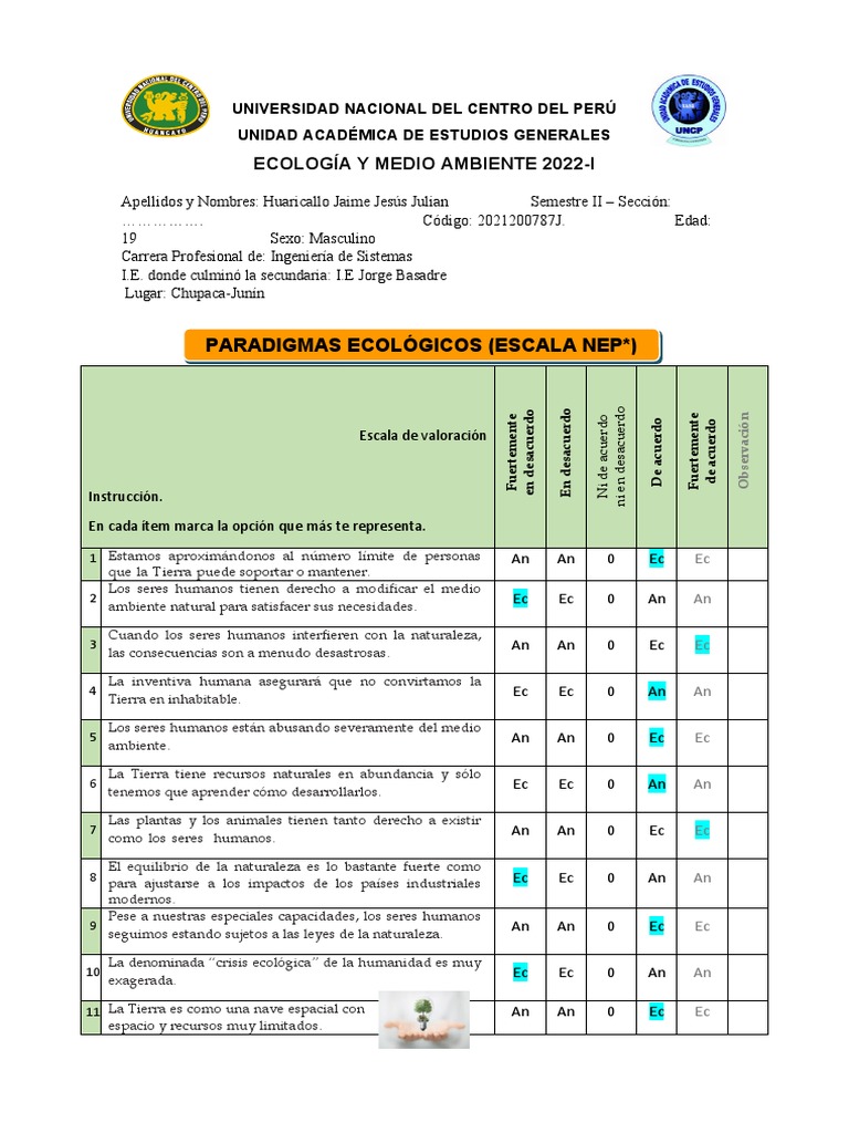 Evaluación de Paradigmas Ecológicos NEP | PDF | Naturaleza | Entorno ...