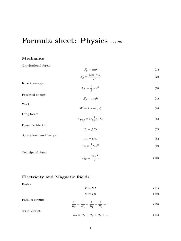Formula Sheet Physics 2023 PDF Force Metrology
