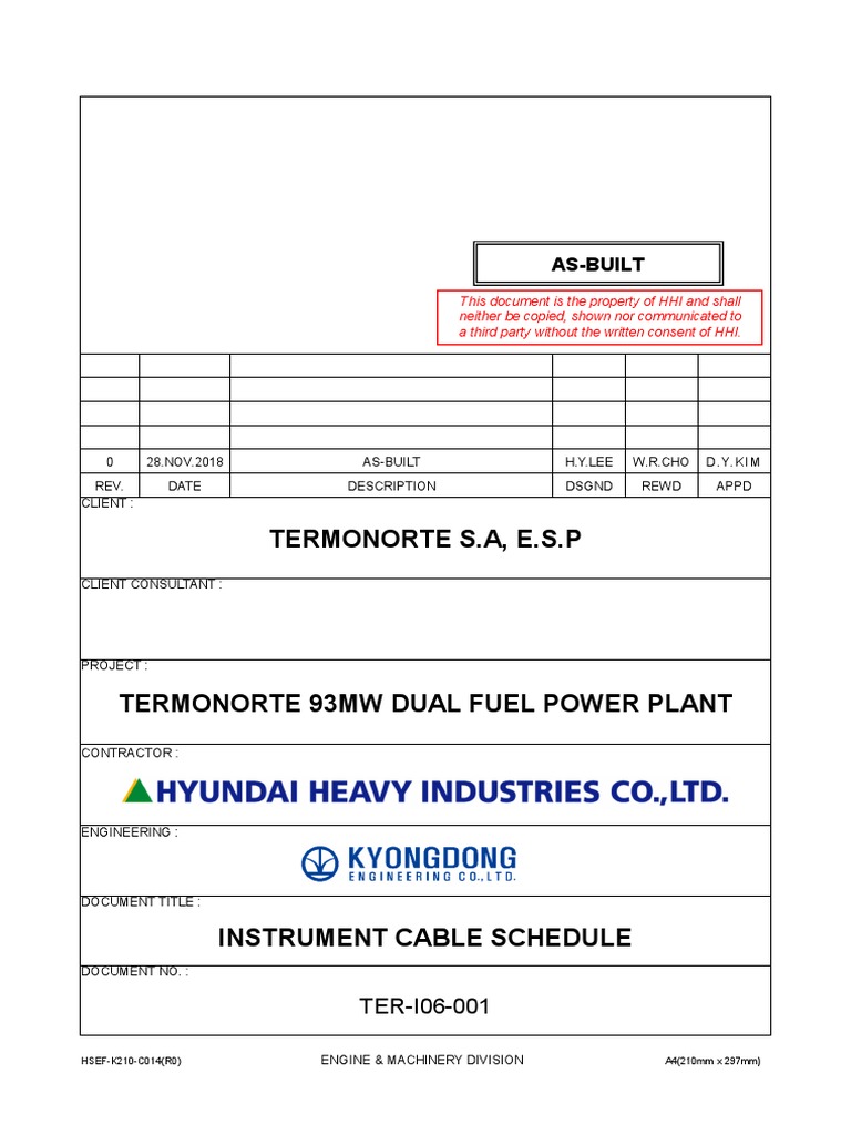 TerI06001 Instrument Cable Schedule PDF Valve Chemical
