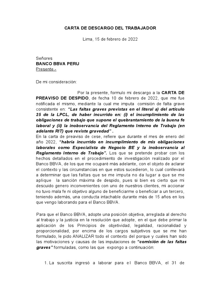 Modelo de Carta de Descargo Laboral | PDF | Bancos | Business