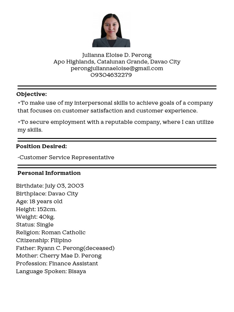 Aspiring Customer Service Representatives Resumes of Julianna Perong