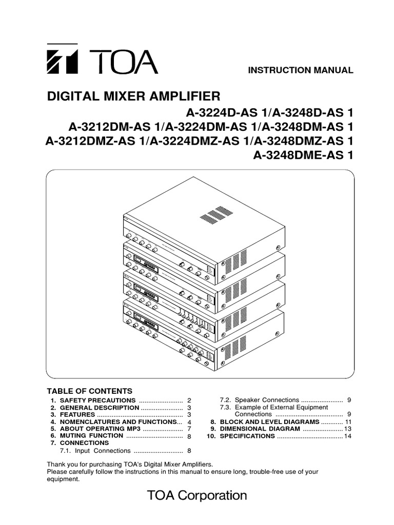 TOA Digital Mixer Amplifier Manual | PDF | Microphone | Power Supply