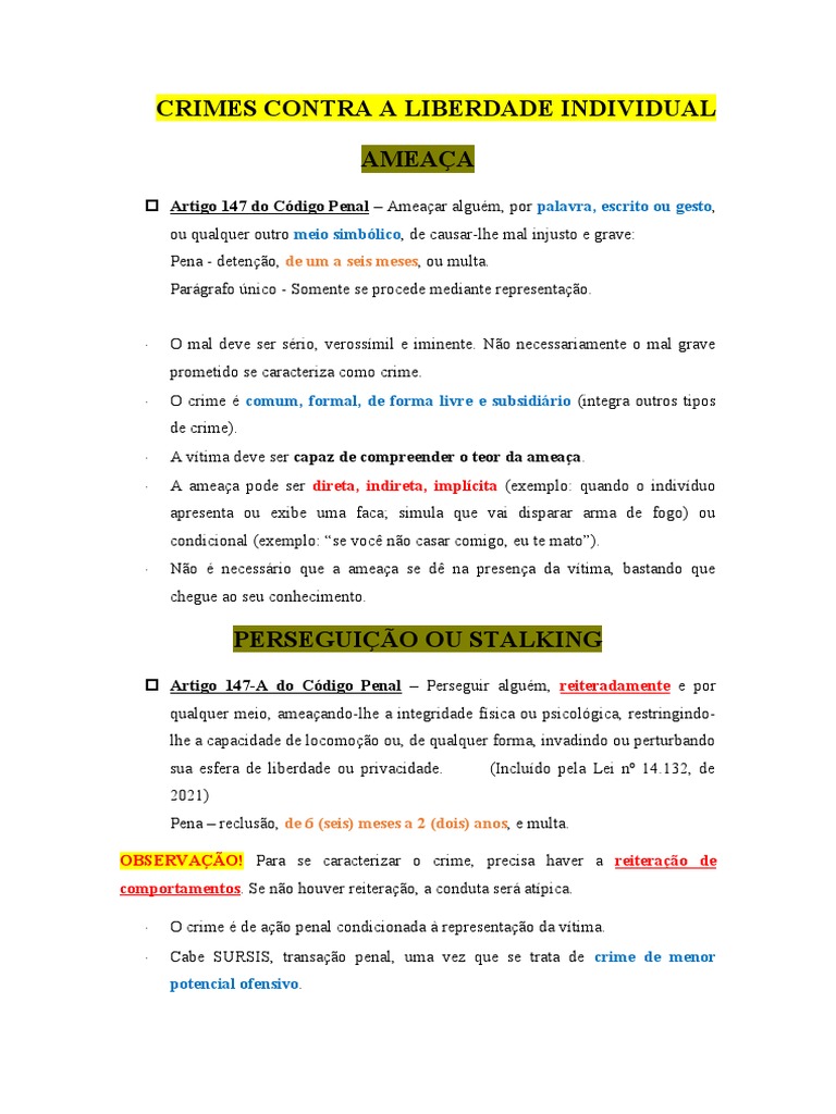 Crimes Contra A Liberdade Individual PDF Crimes Crime e Violência