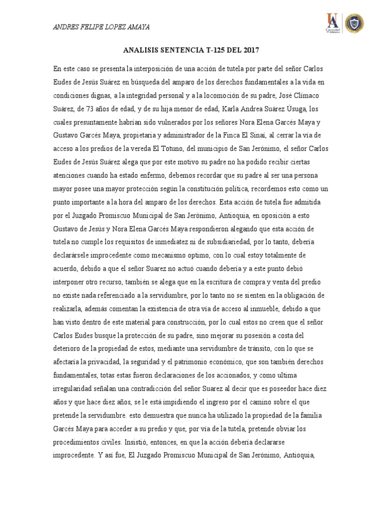 Analisis Sentencia T-125-2017 | PDF | Gobierno | Justicia