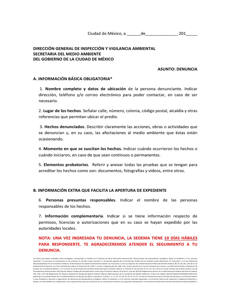 Ejemplo de Denuncia Ambiental CDMX | PDF | Privacidad de la información