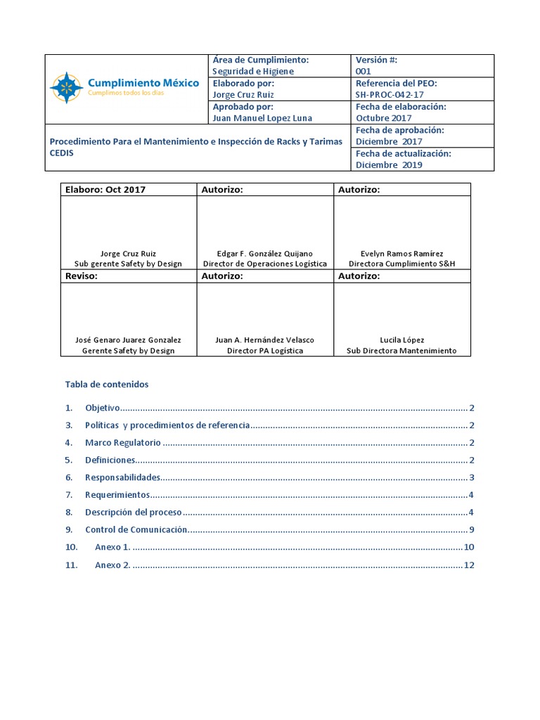 Procedimiento de Inspección de Racks y Tarimas CEDIS SH-PROC-042-17 | PDF