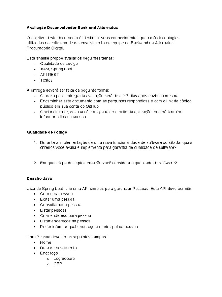 Avaliação de Desenvolvedor Back-end Java | PDF | Carreira e Crescimento