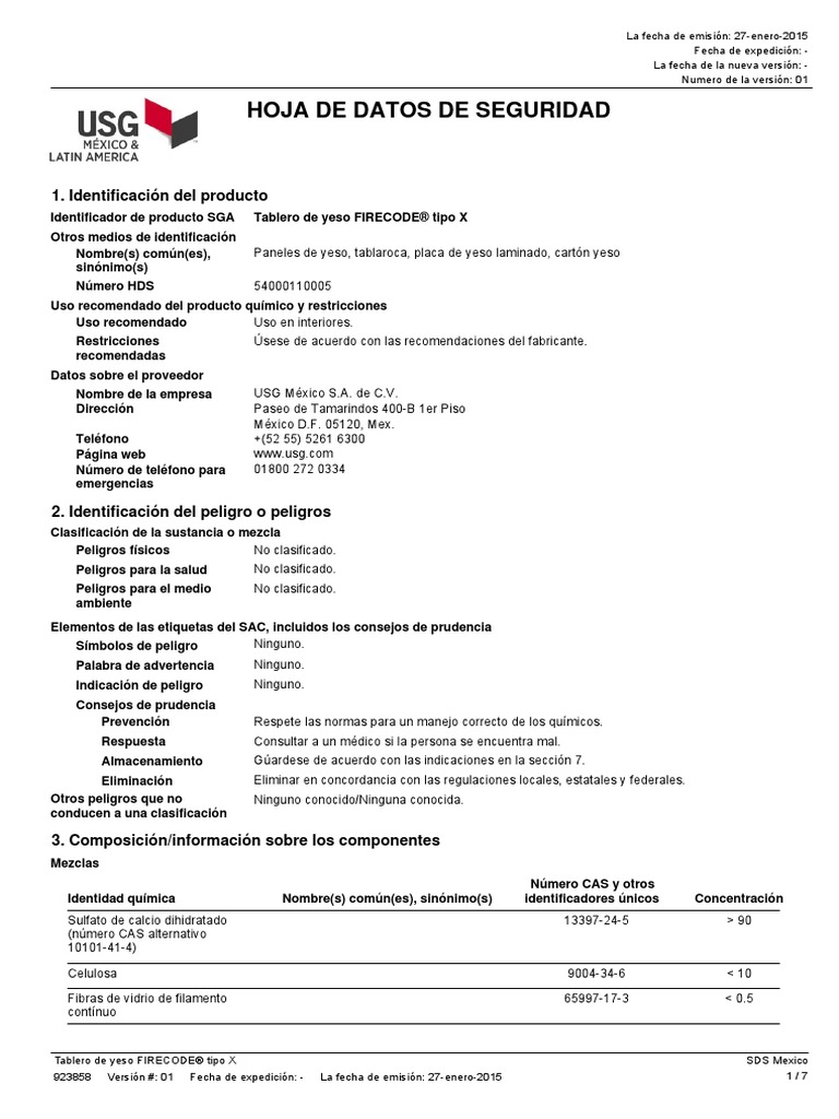 Usg Gypsum Board Firecode X Sds Mex Es 54000110005 PDF Yeso Toxicidad