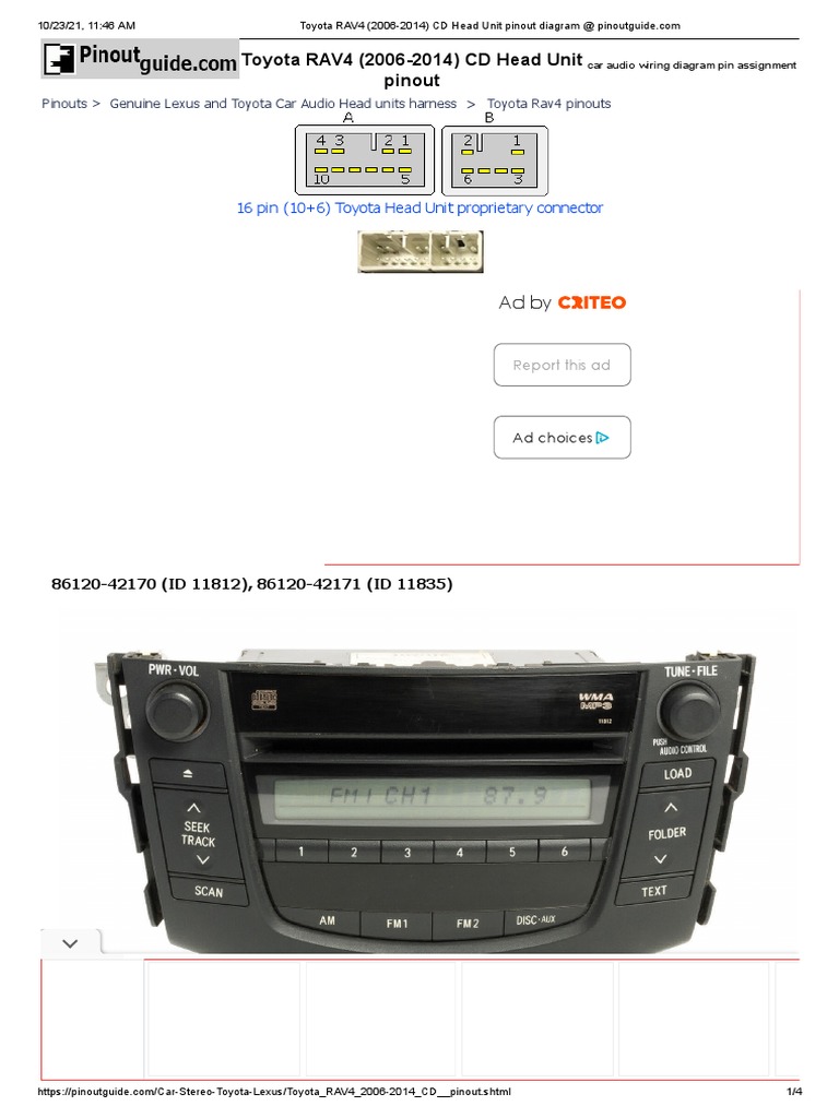 Toyota RAV4 (2006-2014) CD Head Unit Pinout Diagram @ | PDF | Computing ...
