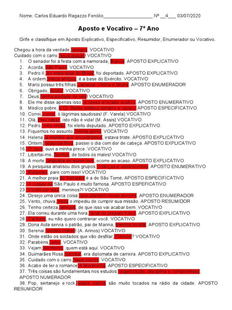 Atividades 7º Ano - Aposto e Vocativo | PDF