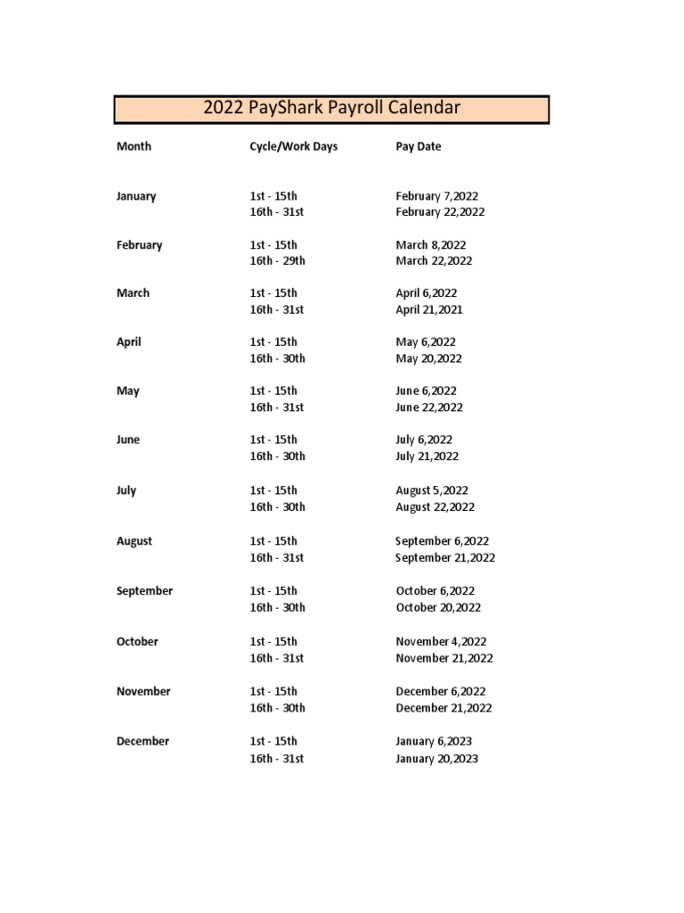 Pay Dates For 2022 PayShark Payroll Calendar PDF