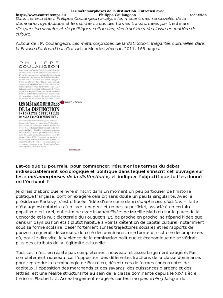 Les Metamorphoses de La Distinction Entretien Avec Philippe Coulangeon