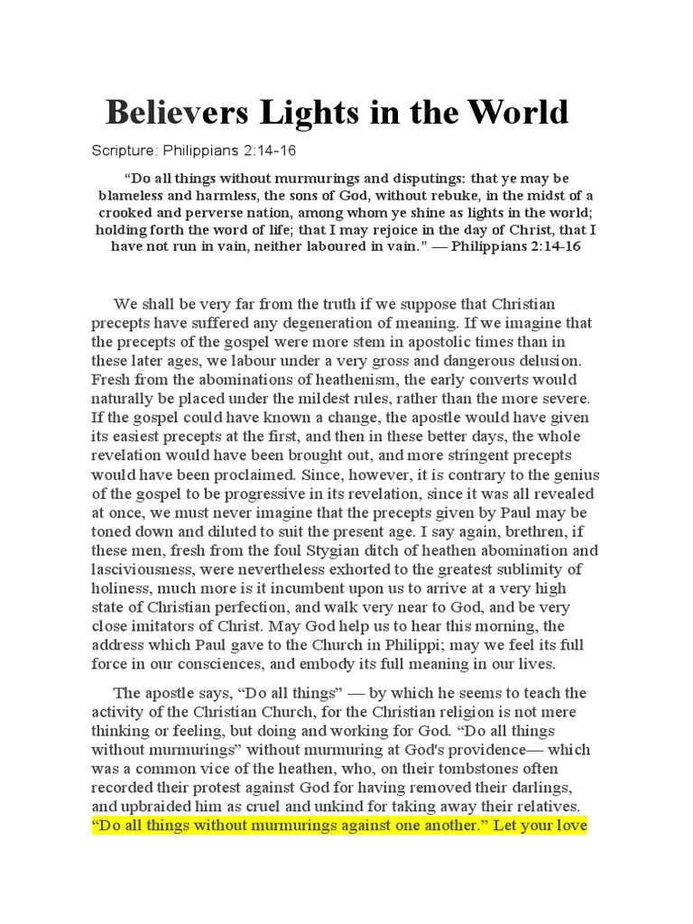 Philippians 2 14 16 Believers Lights in The World Charles Spurgeon