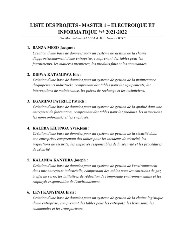 Liste Des Projets - Master 1 - Elecro-Info | PDF | Bases de données ...