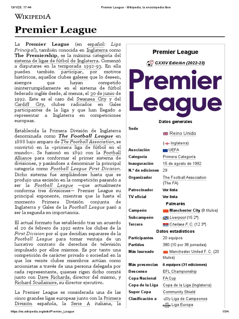 Premier League - Wikipedia, La Enciclopedia Libre | PDF | Liga Premier |  Liga de Campeones de la UEFA