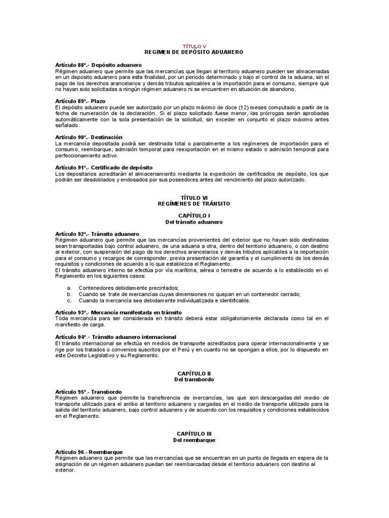Régimenes aduaneros de tránsito, depósito y reembarque según el Decreto ...