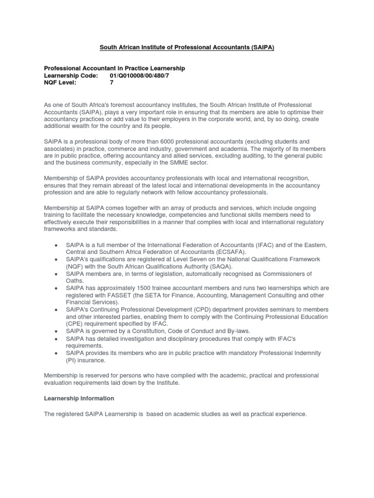 Professional Accountant in Practice Learnership An Opportunity to Gain