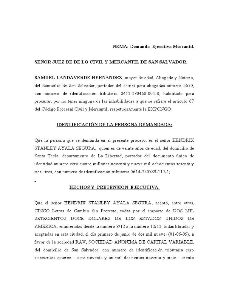 Modelo mercantil demanda ejecutiva con letras de cambio multiples pdf
