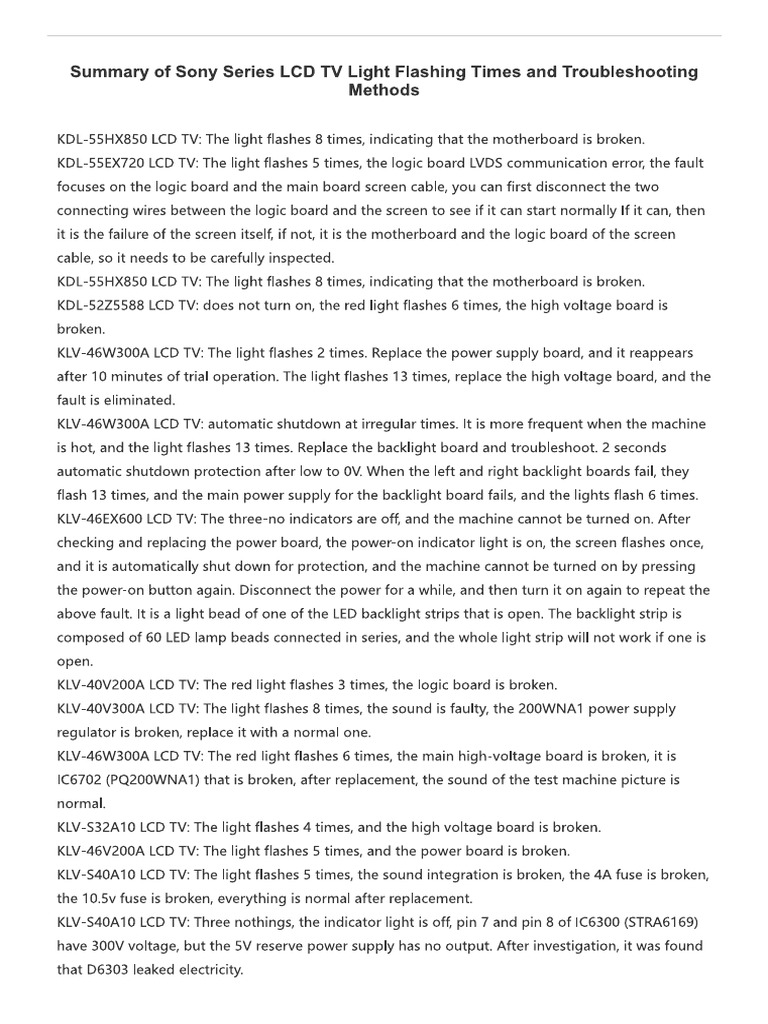 Summary of Sony Series LCD TV Blinks PDF