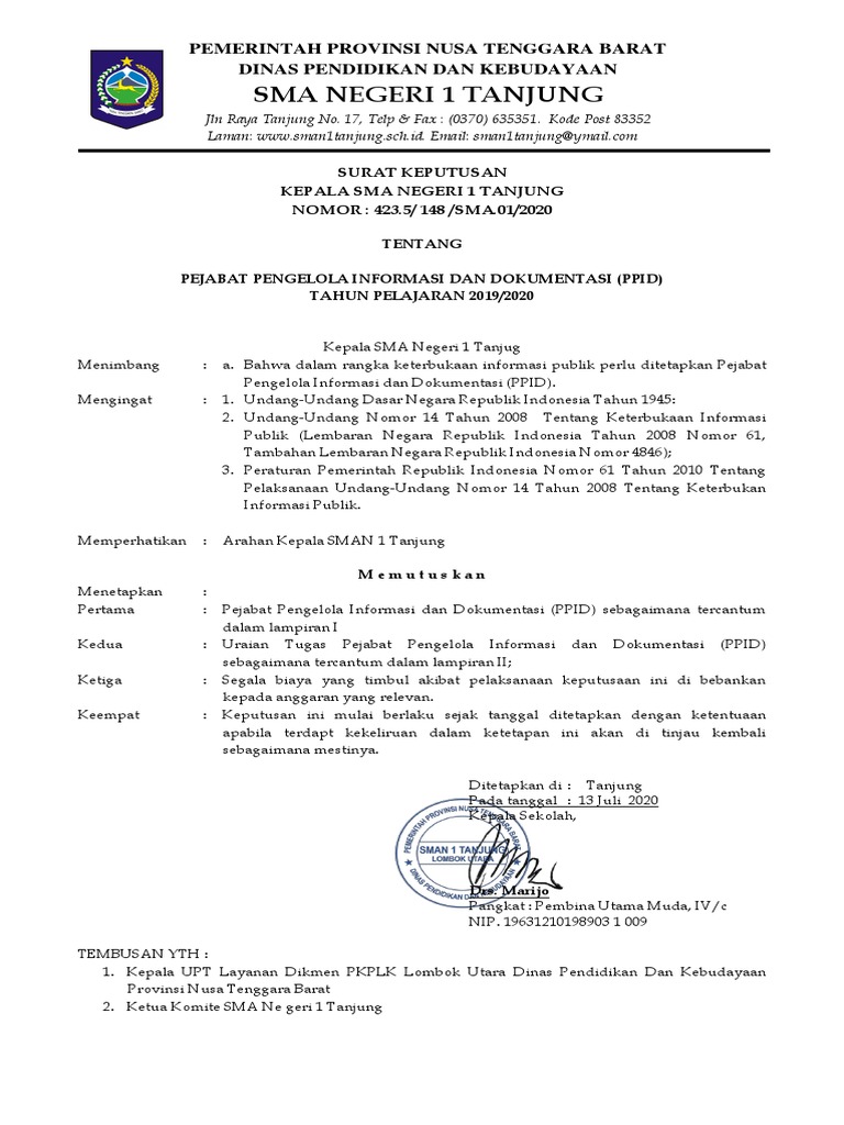 PPID SMA Negeri 1 Tanjung 2019/2020 | PDF