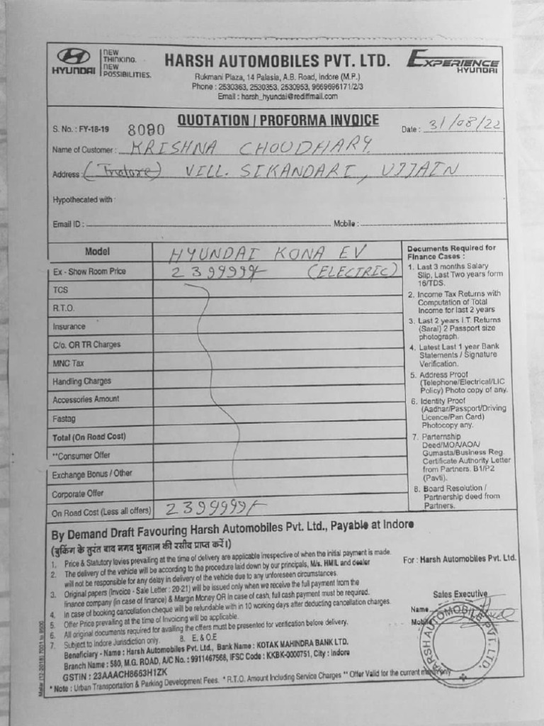 Quotation Kona Hyundai | PDF