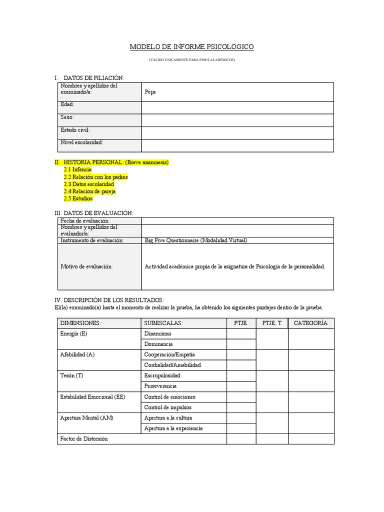 Modelo de Informe Psicológico Académico | PDF | Las emociones ...