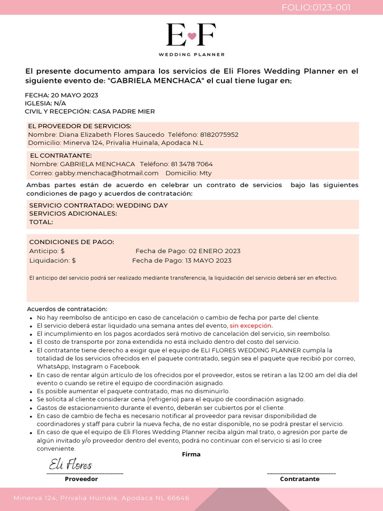 Contrato de Servicios de Wedding Planner | PDF