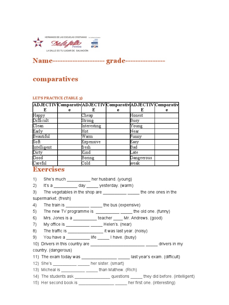 Comparative Adjectives Exercises | PDF
