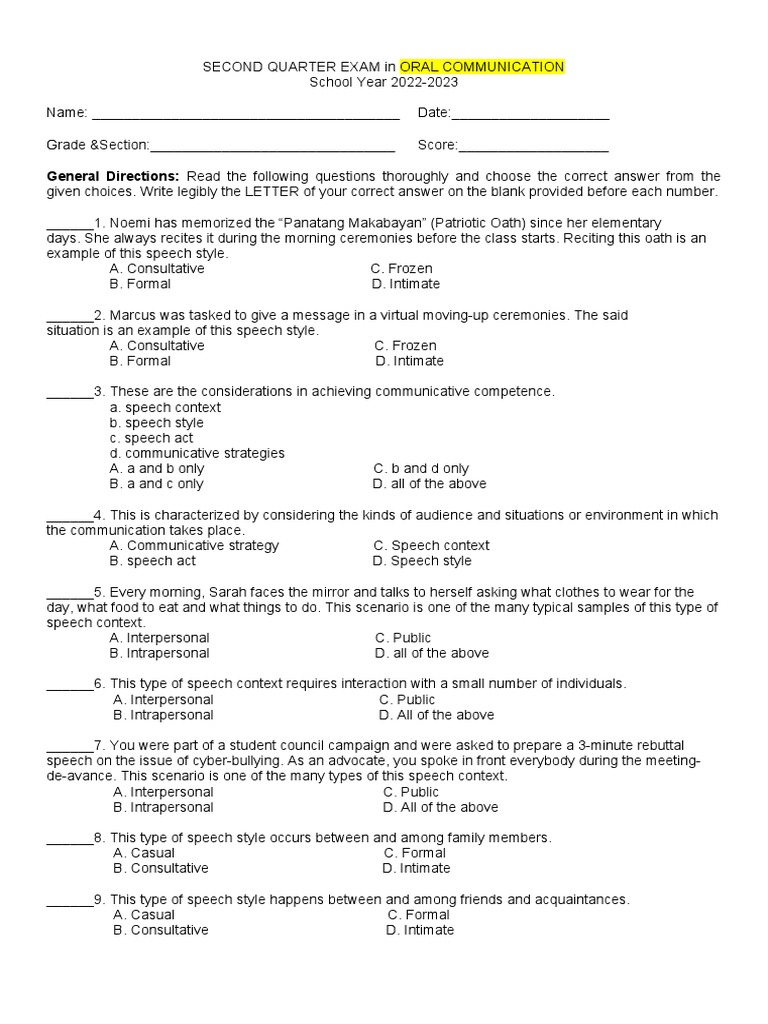 Oral Communication Exam Q2 2022-2023 | PDF | Social Science