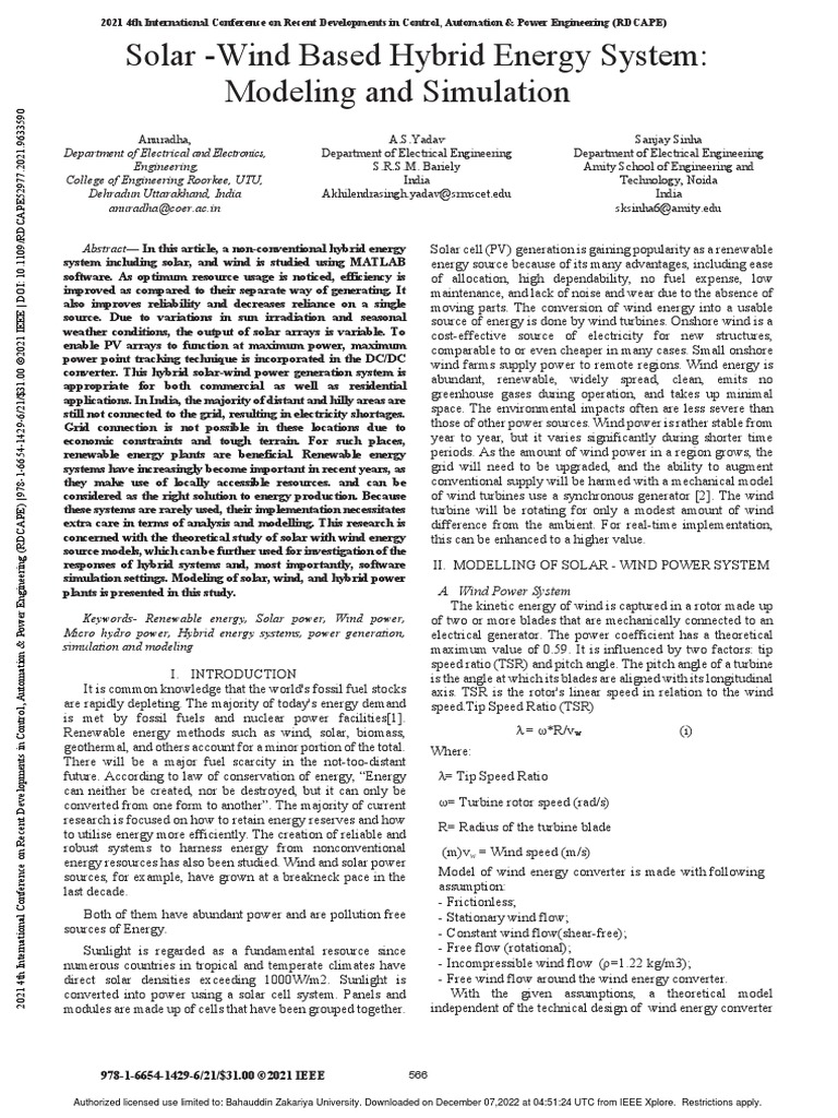 Solar-Wind Based Hybrid Energy System Modeling and Simulation | PDF ...