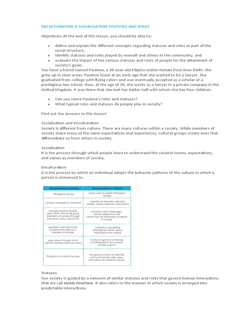 Enculturation o Socialization Statuses and Roles | PDF | Socialization ...