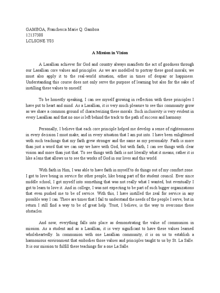 GAMBOA Lasallian Core Value Reflection PDF