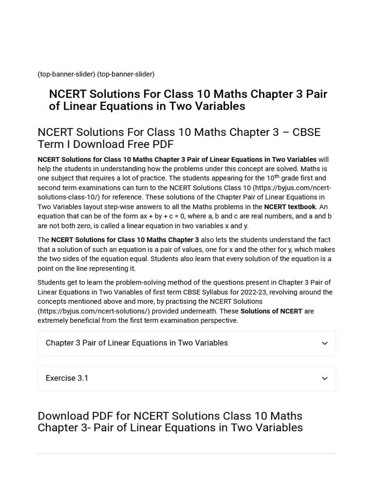 Class 10 Maths: Linear Equations Solutions | PDF | Equations | System ...