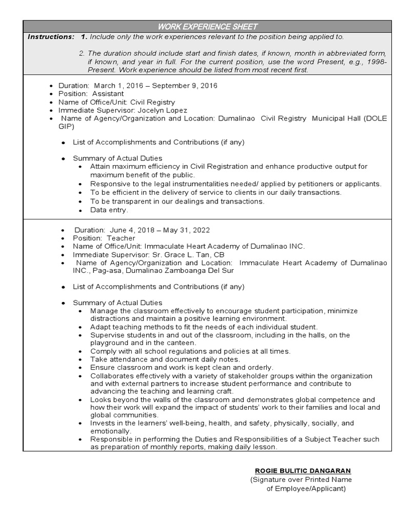 Work Experience Sheet for Teachers | PDF | Teachers | Learning