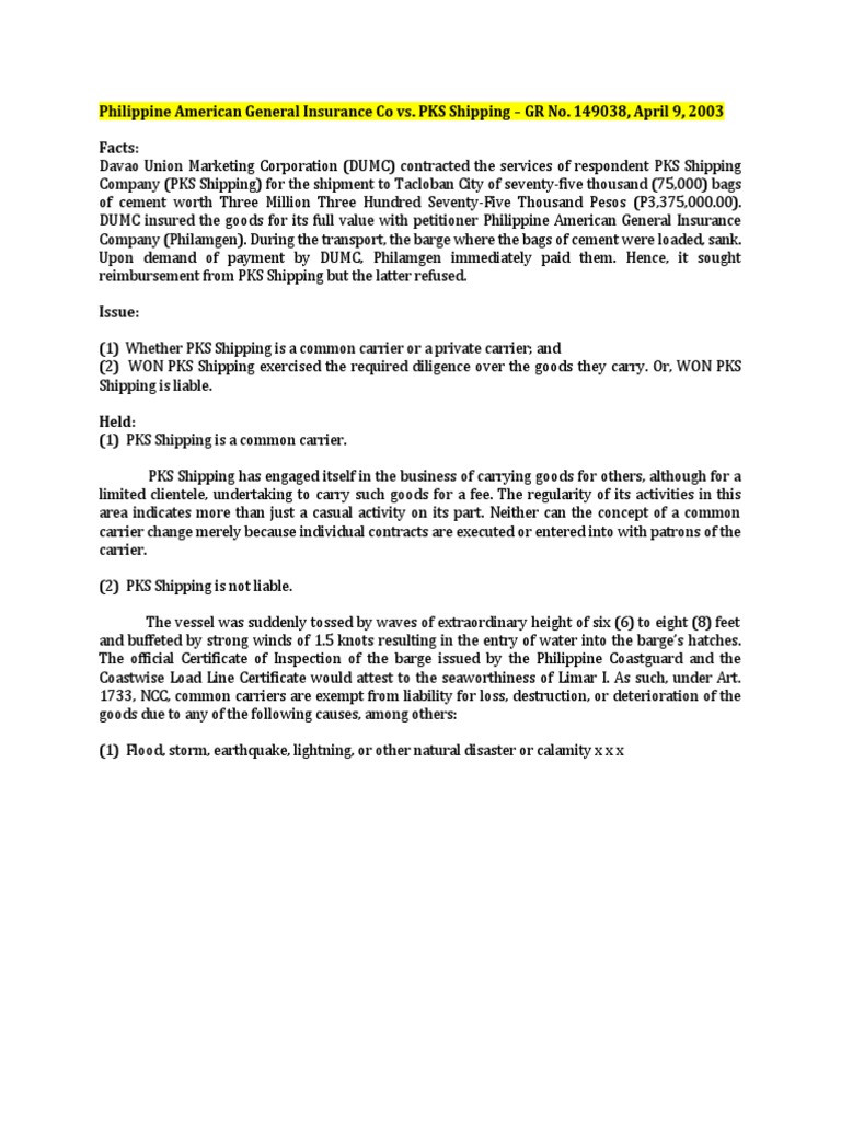 Common Carriers Digests PDF Legal Liability Negligence