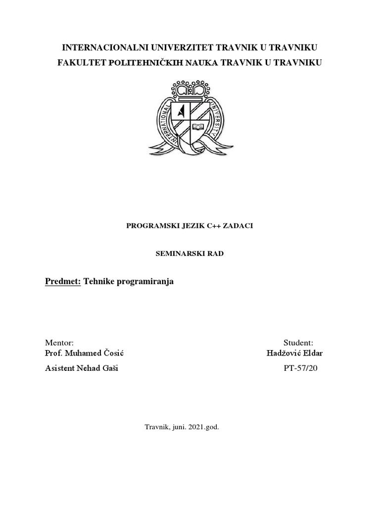 Seminarski Rad - Programski Jezik C++ - Eldar Hadzovic | PDF