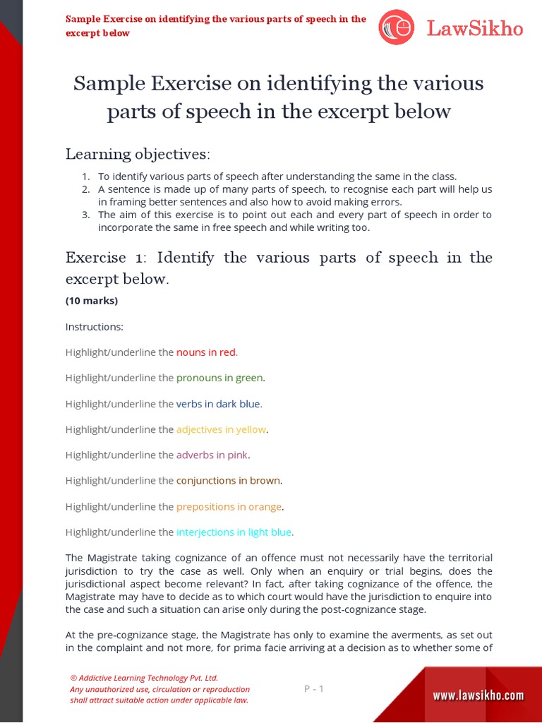 Sample Exercise On Identifying The Various Parts of Speech in The