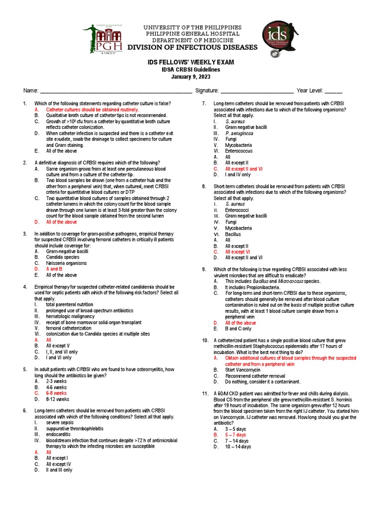Crbsi Quiz Answer Key PDF Staphylococcus Aureus Hemodialysis
