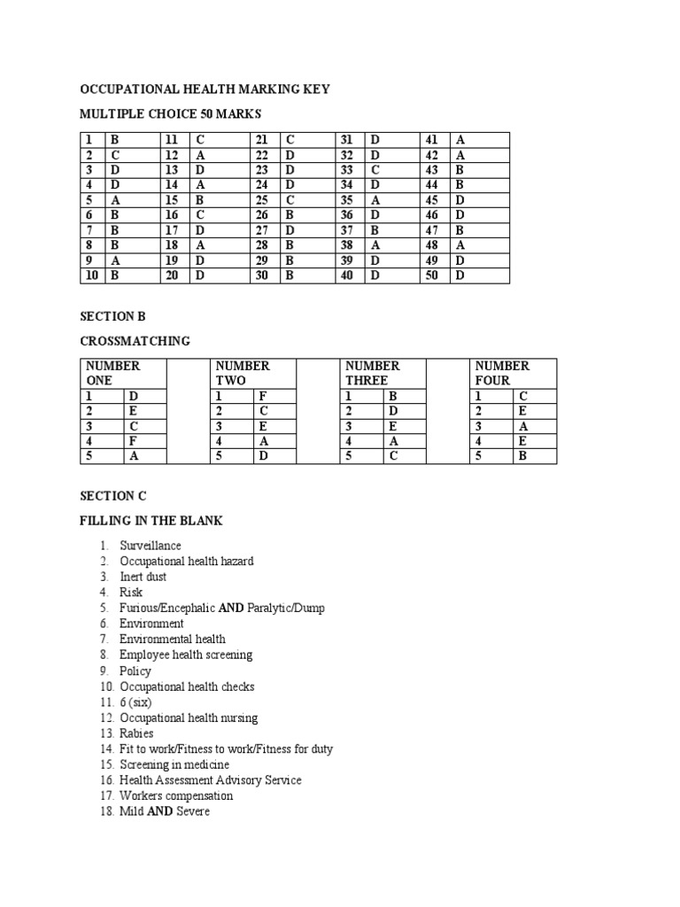 Occupational Health Marking Key PDF Dermatitis