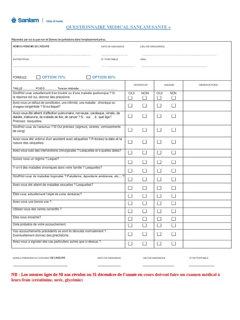 Questionnaire Medical Sanlam Sante Plus | PDF | Spécialités médicales ...