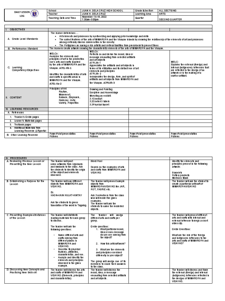 DLL Quarter 2 Week 2 Arts PDF